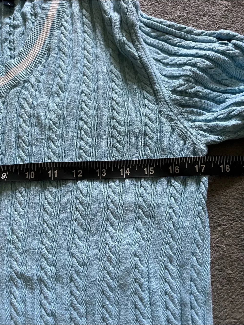 Burberry Light Blue Cable Knit V-Neck Sweater with White Trim